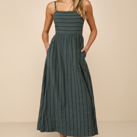 Lulus Feeling The Best Green Striped Tie-back Midi Dress With Pockets - Size S - Picture 1 of 5